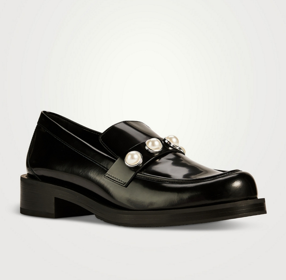 Stuart Weitzman Black Patent Leather Pearl-Embellished Loafers